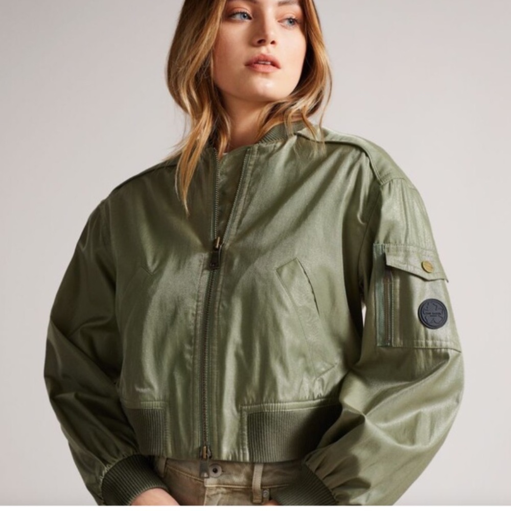 Ted Baker Cropped Bomber Jacket In Shimmer Fabric in Khaki
